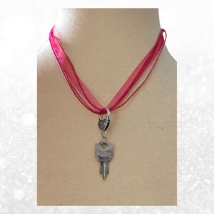 Pink Key Charm Necklace, Silver Key Pendant Jewelry, Aesthetic Key choker collar
